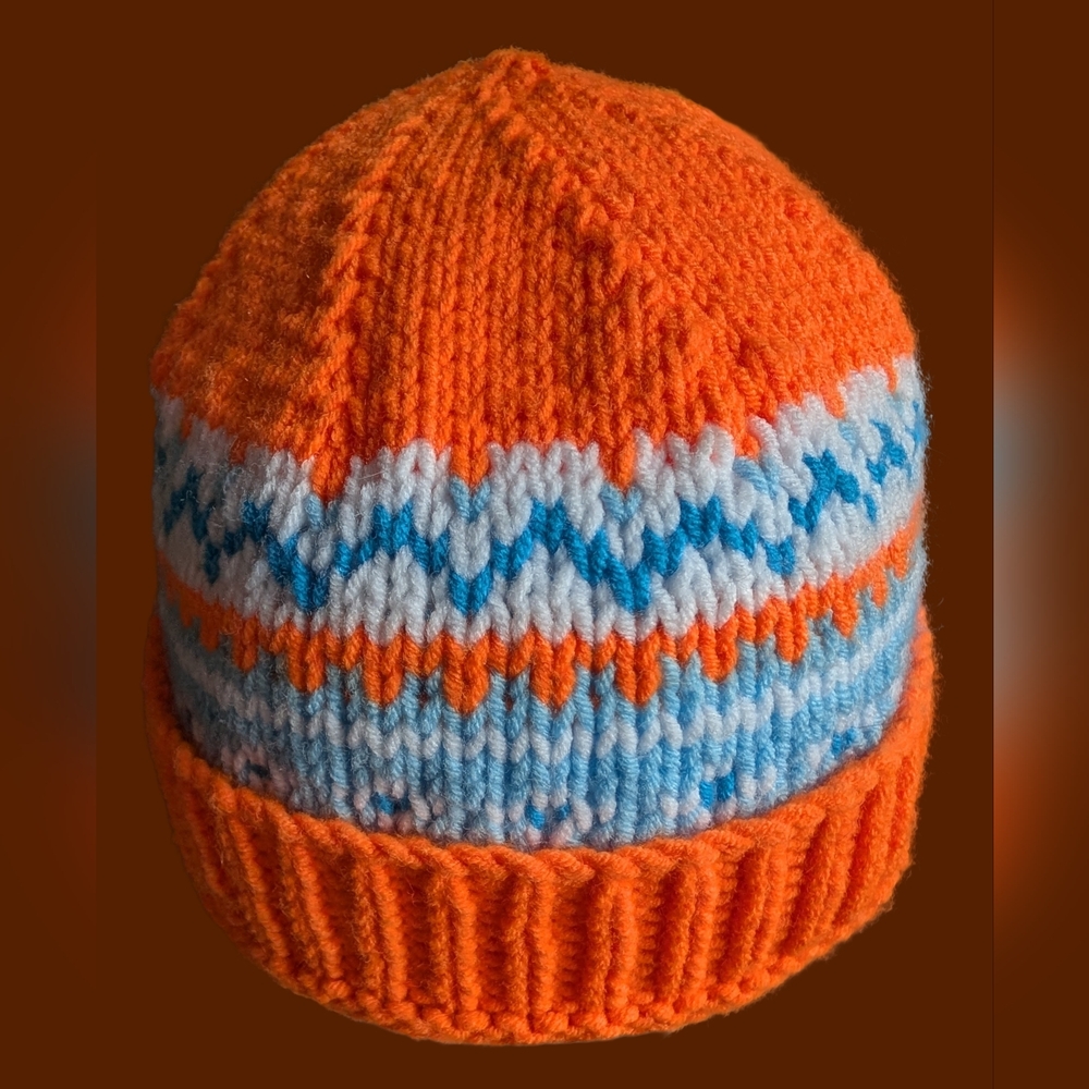 Hand-Knit Fair Isle Beanie – Orange, Blue & White – Adult Size XS / Teen - Picture 3 of 3
